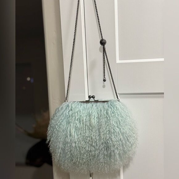 Aqua Handmade Real Mongolian Lamb Fur Kisslock Wristlet/Shoulder Bag, Crossbody - Picture 7 of 16